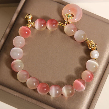 Buddha Stones Natural Peace Buckle Gradient Pink Cat's Eye Yanyuan Agate Peace Bracelet