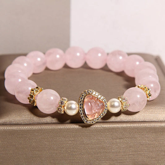 Buddha Stones Natural Buddha Symbol Pink Crystal Pearl Warmth Bracelet