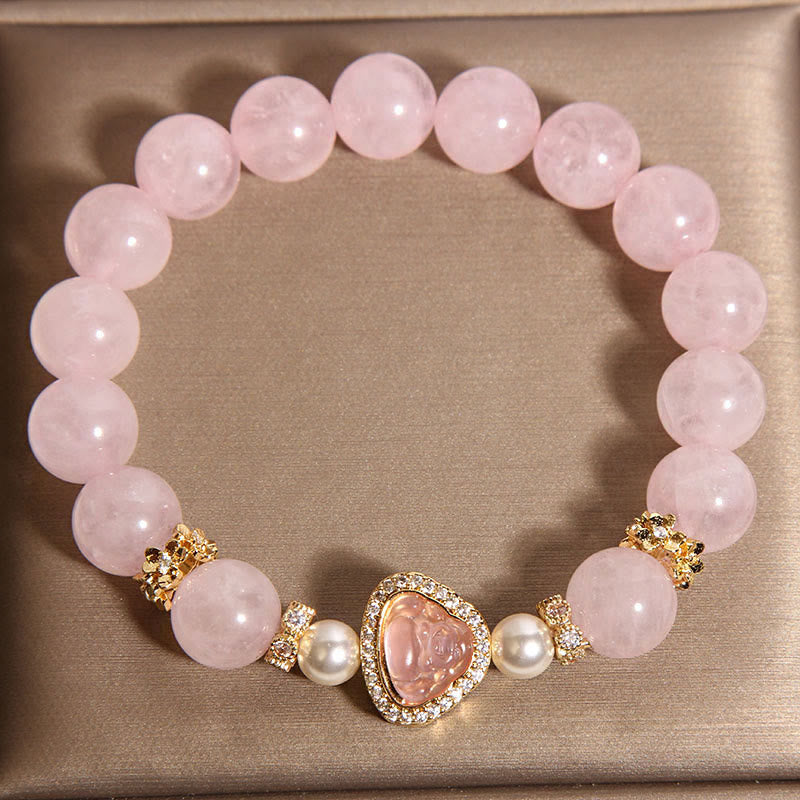 Buddha Stones Natural Buddha Symbol Pink Crystal Pearl Warmth Bracelet