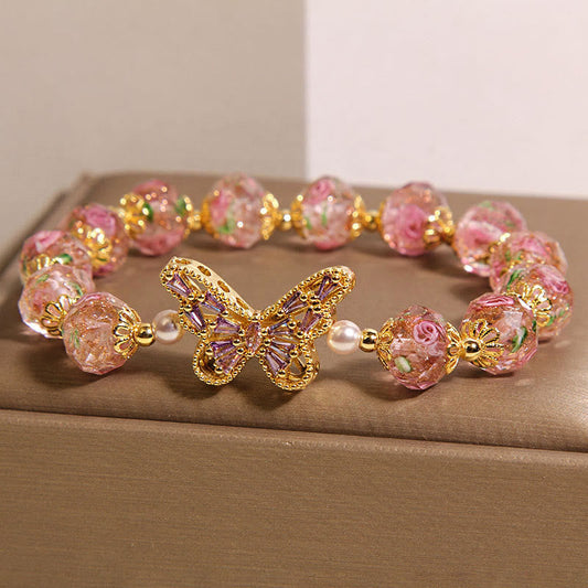 Buddha Stones Natural Butterfly Rose Design Pink Crystal Warmth Bracelet