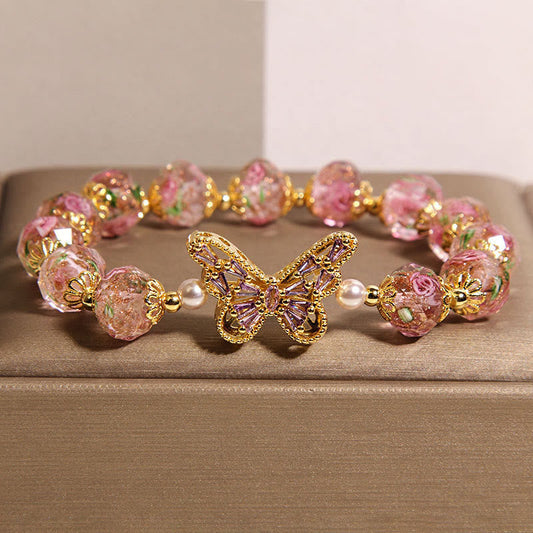 Buddha Stones Natural Butterfly Rose Design Pink Crystal Warmth Bracelet