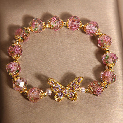 Buddha Stones Natural Butterfly Rose Design Pink Crystal Warmth Bracelet