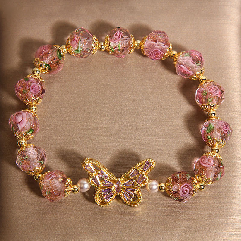 Buddha Stones Natural Butterfly Rose Design Pink Crystal Warmth Bracelet