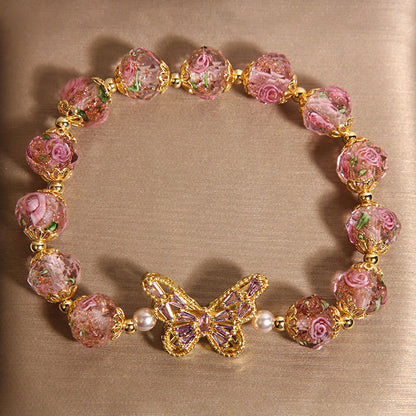 Buddha Stones Natural Butterfly Rose Design Pink Crystal Warmth Bracelet