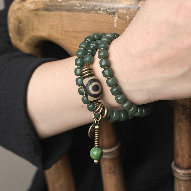 Buddhazens Cyan Bodhi Seed Dzi Bead Wisdom Peace Triple Wrap Bracelet Mala Bracelet BS 1