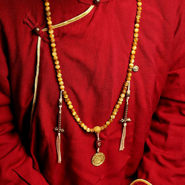Buddhazens 108 Mala Beads Natural Tiger Eye Copper Dorje Protection Tassel Bracelet Mala Bracelet BS 9