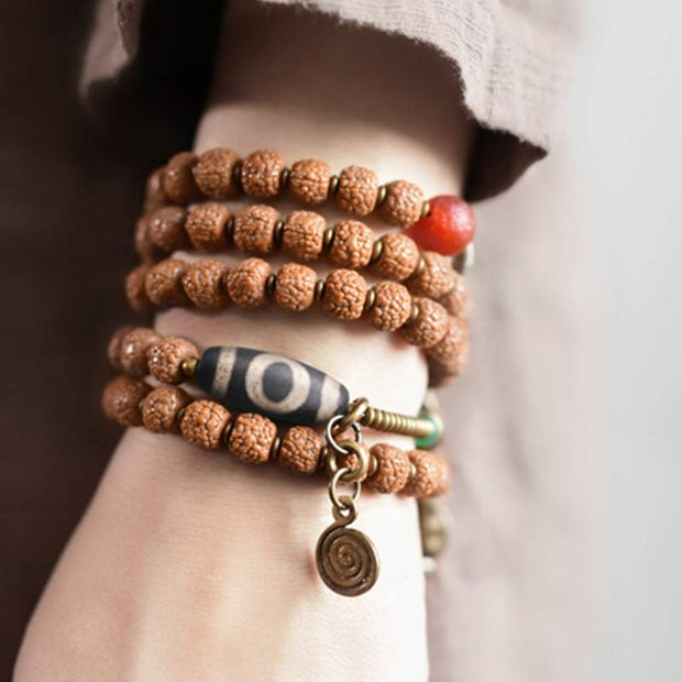 Buddhazens 108 Mala Rudraksha Beads Bodhi Seed Dzi Bead Luck Auspiciousness Tassel Bracelet Bracelet Mala BS 2