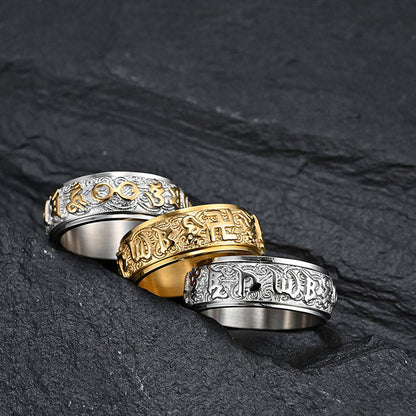 Buddha Stones Six True Words Balance Calm Titanium Steel Ring (Extra 30% Off | USE CODE: FS30)