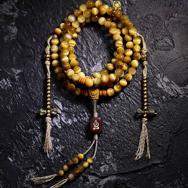 Buddhazens 108 Mala Beads Natural Tiger Eye Copper Dorje Protection Tassel Bracelet Mala Bracelet BS 8mm Tiger Eye Copper Dorje
