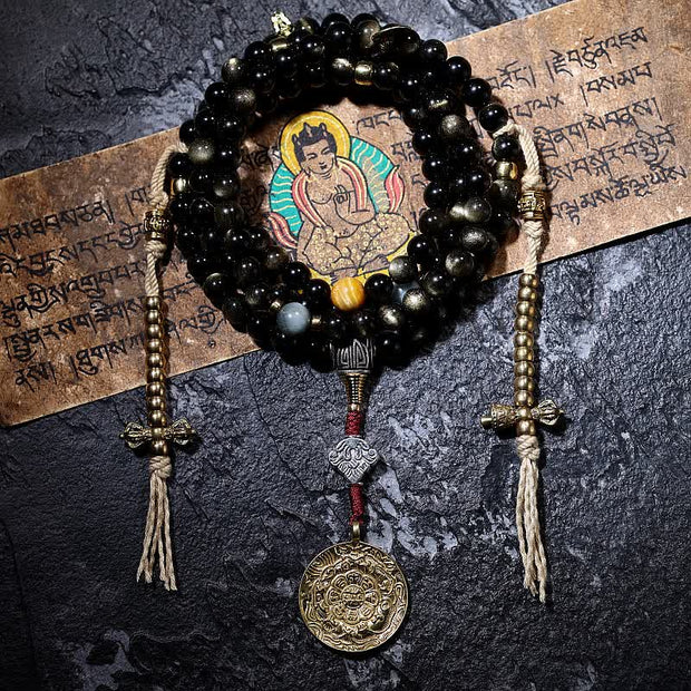 Buddhazens 108 Mala Beads Gold Sheen Obsidian Tiger Eye Eagle's Eye Stone Wealth Bracelet Mala Bracelet BS 6mm Nine Palaces Bagua(Copper Counter)