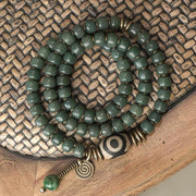 Buddhazens Cyan Bodhi Seed Dzi Bead Wisdom Peace Triple Wrap Bracelet Mala Bracelet BS 18cm