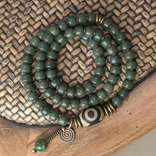 Buddhazens Cyan Bodhi Seed Dzi Bead Wisdom Peace Triple Wrap Bracelet Mala Bracelet BS 18cm