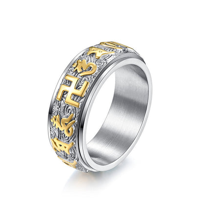 Buddha Stones Six True Words Balance Calm Titanium Steel Ring (Extra 30% Off | USE CODE: FS30)