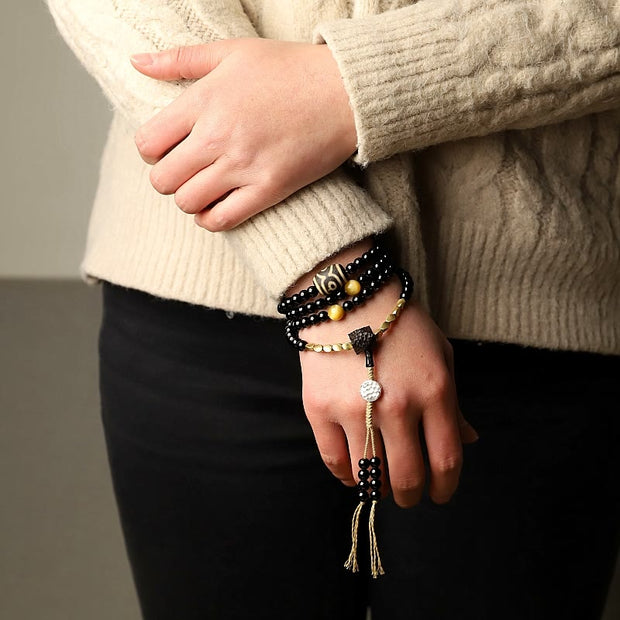 Buddhazens Tibetan 108 Mala Beads Black Onyx Three-eyed Dzi Beads Protection Bracelet Mala Bracelet BS 13