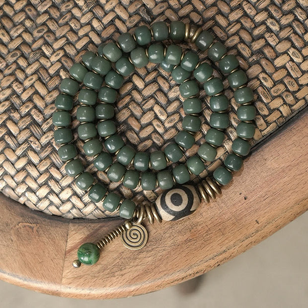 Buddhazens Cyan Bodhi Seed Dzi Bead Wisdom Peace Triple Wrap Bracelet Mala Bracelet BS 9