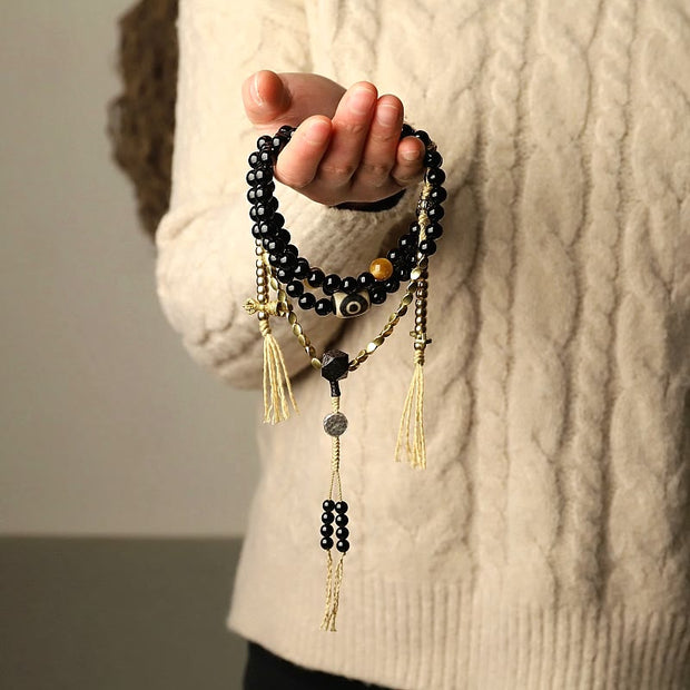 Buddhazens Tibetan 108 Mala Beads Black Onyx Three-eyed Dzi Beads Protection Bracelet Mala Bracelet BS 1