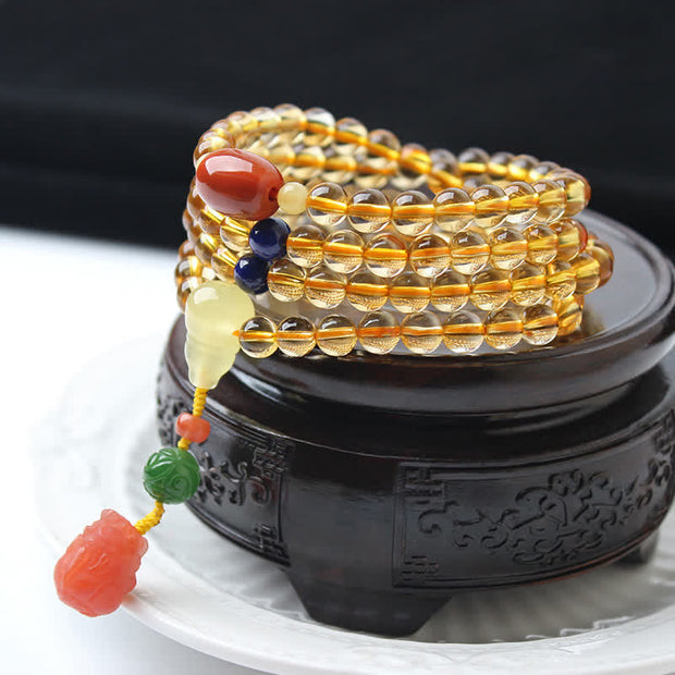 108 Mala Beads Natural Citrine Amber Peace Buckle Red Agate PiXiu Protection Charm Bracelet Mala Bracelet BS Citrine&Red Agate