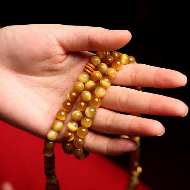 Buddhazens 108 Mala Beads Natural Tiger Eye Copper Dorje Protection Tassel Bracelet Mala Bracelet BS 17