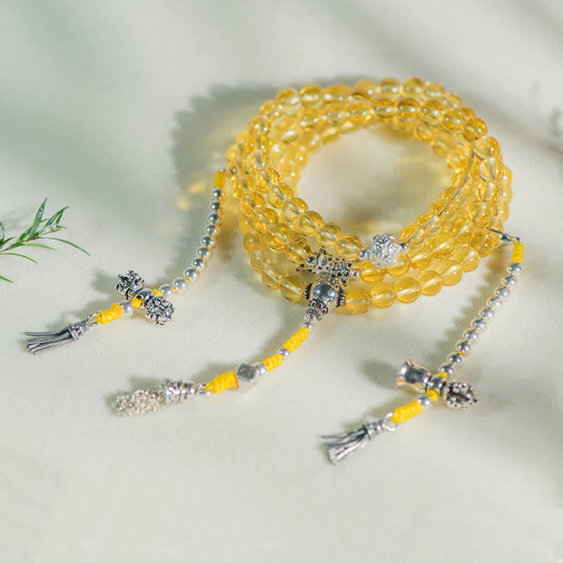 Buddhazens 108 Mala Beads 925 Sterling Silver Natural Citrine Red Agate White Jade Prosperity Charm Bracelet Mala Bracelet BS 925 Sterling Silver