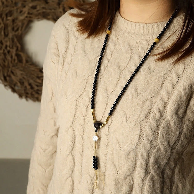 Buddhazens Tibetan 108 Mala Beads Black Onyx Three-eyed Dzi Beads Protection Bracelet Mala Bracelet BS 14