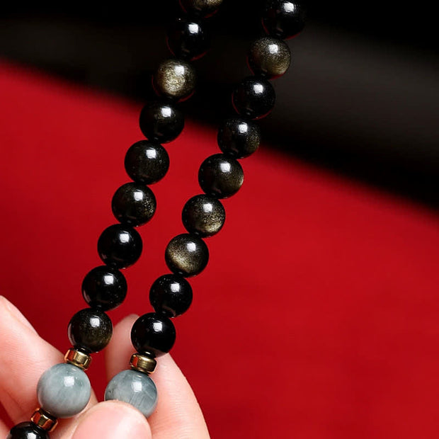 Buddhazens 108 Mala Beads Gold Sheen Obsidian Tiger Eye Eagle's Eye Stone Wealth Bracelet Mala Bracelet BS 6