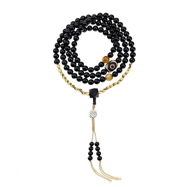 Buddhazens Tibetan 108 Mala Beads Black Onyx Three-eyed Dzi Beads Protection Bracelet Mala Bracelet BS 18