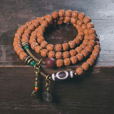 Buddhazens 108 Mala Rudraksha Beads Bodhi Seed Dzi Bead Luck Auspiciousness Tassel Bracelet Bracelet Mala BS 18cm