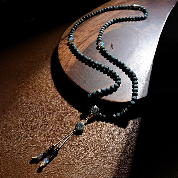 Buddhazens 925 Sterling Silver 108 Mala Beads Eagle's Eye Stone Moonstone Positive Bracelet Mala Bracelet BS 12