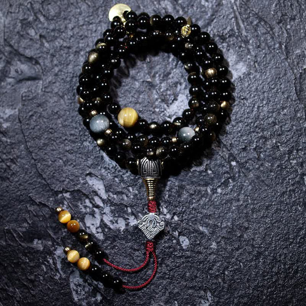 Buddhazens 108 Mala Beads Gold Sheen Obsidian Tiger Eye Eagle's Eye Stone Wealth Bracelet Mala Bracelet BS 8mm Gold Sheen Obsidian&Tiger Eye
