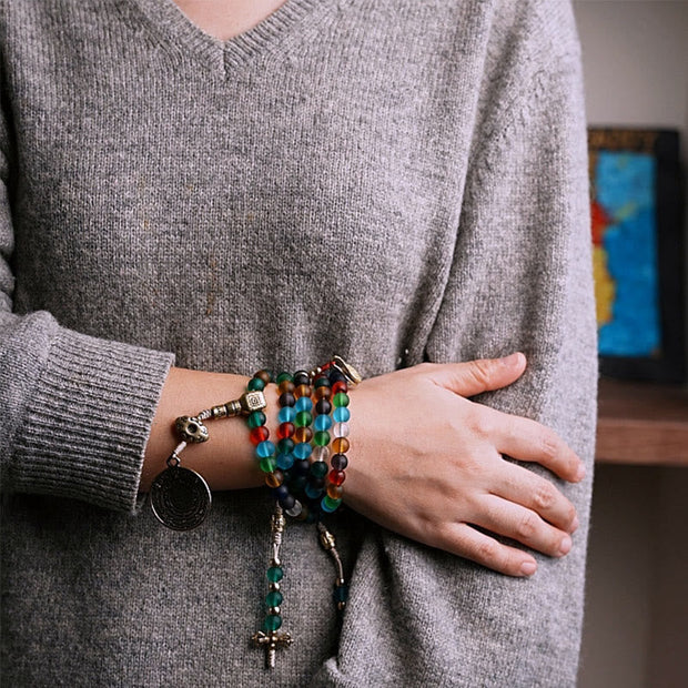 Buddhazens Tibetan 108 Mala Beads Multicolored Liuli Glass Bead Chinese Zodiac Nine Palaces Eight Diagrams Charm Bracelet Mala Bracelet BS 15