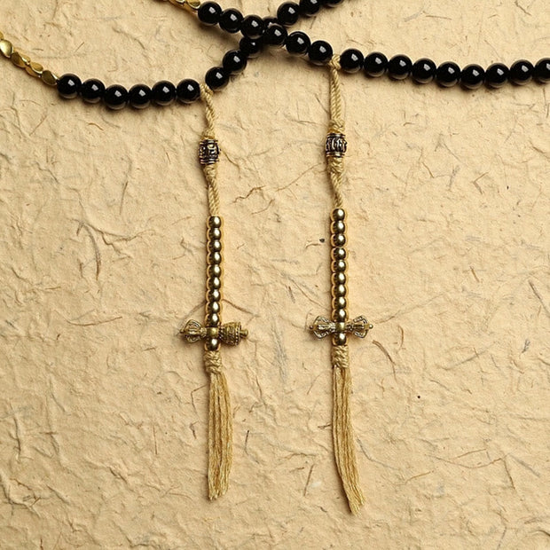 Buddhazens Tibetan 108 Mala Beads Black Onyx Three-eyed Dzi Beads Protection Bracelet Mala Bracelet BS 8