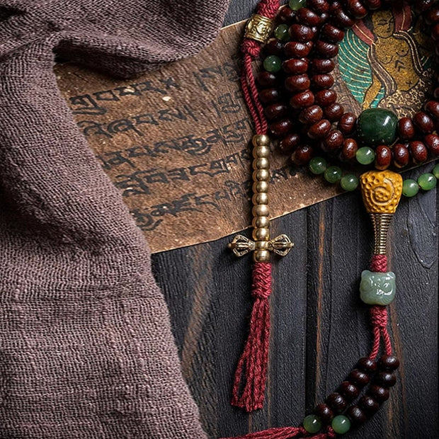 Buddhazens Natural Tibet 108 Mala Beads Purple Bodhi Seed Hetian Cyan Jade Copper Dorje Peace Bracelet Mala Bracelet BS 4