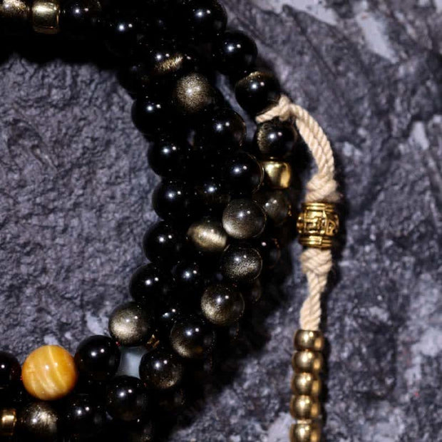 Buddhazens 108 Mala Beads Gold Sheen Obsidian Tiger Eye Eagle's Eye Stone Wealth Bracelet Mala Bracelet BS 23
