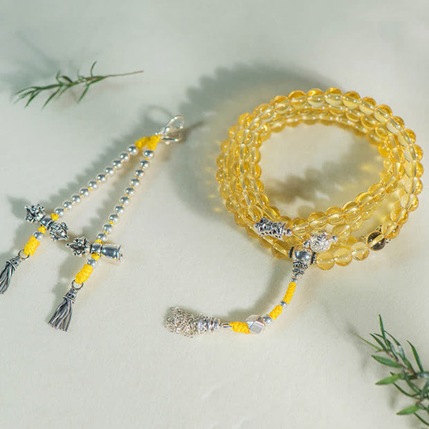 Buddhazens 108 Mala Beads 925 Sterling Silver Natural Citrine Red Agate White Jade Prosperity Charm Bracelet Mala Bracelet BS 23