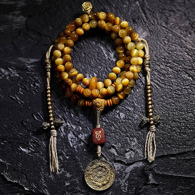 Buddhazens 108 Mala Beads Natural Tiger Eye Copper Dorje Protection Tassel Bracelet Mala Bracelet BS 24