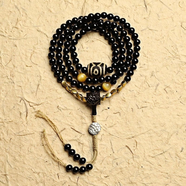 Buddhazens Tibetan 108 Mala Beads Black Onyx Three-eyed Dzi Beads Protection Bracelet Mala Bracelet BS 8mm Black Onyx
