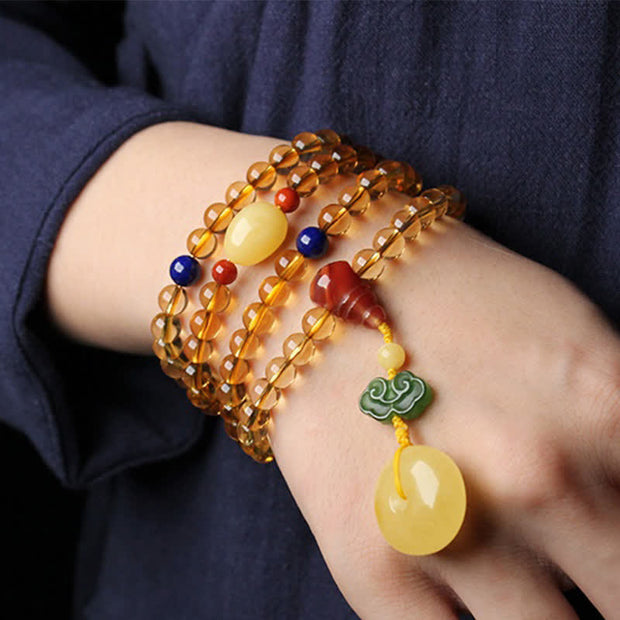 108 Mala Beads Natural Citrine Amber Peace Buckle Red Agate PiXiu Protection Charm Bracelet Mala Bracelet BS 2