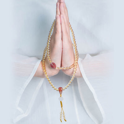 Buddhazens 108 Mala Beads 925 Sterling Silver Natural Citrine Red Agate White Jade Prosperity Charm Bracelet Mala Bracelet BS Lotus