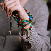 Buddhazens Tibetan 108 Mala Beads Multicolored Liuli Glass Bead Chinese Zodiac Nine Palaces Eight Diagrams Charm Bracelet Mala Bracelet BS 9