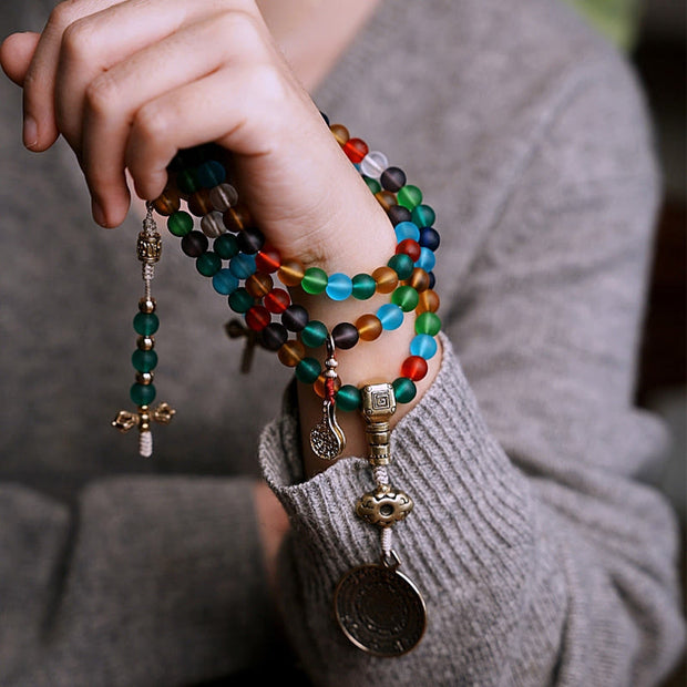 Buddhazens Tibetan 108 Mala Beads Multicolored Liuli Glass Bead Chinese Zodiac Nine Palaces Eight Diagrams Charm Bracelet Mala Bracelet BS 9