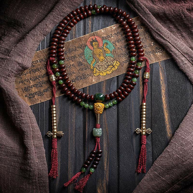 Buddhazens Natural Tibet 108 Mala Beads Purple Bodhi Seed Hetian Cyan Jade Copper Dorje Peace Bracelet Mala Bracelet BS 1