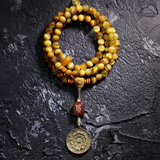 Buddhazens 108 Mala Beads Natural Tiger Eye Copper Dorje Protection Tassel Bracelet Mala Bracelet BS 6mm Tiger Eye Nine Palaces Eight Diagrams Without Copper Dorje