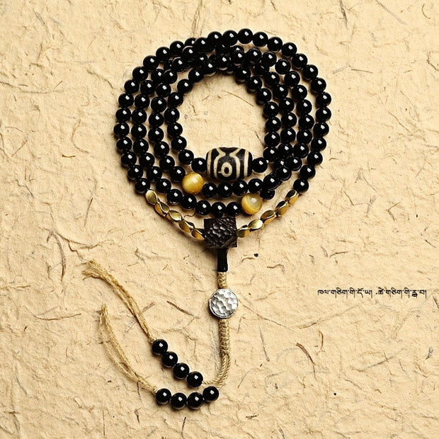 Buddhazens Tibetan 108 Mala Beads Black Onyx Three-eyed Dzi Beads Protection Bracelet Mala Bracelet BS 17