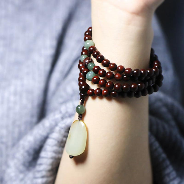 Tibetan Small Leaf Red Sandalwood Jade Mala Meditation Bracelet  (Extra 30% Off | USE CODE: FS30)
