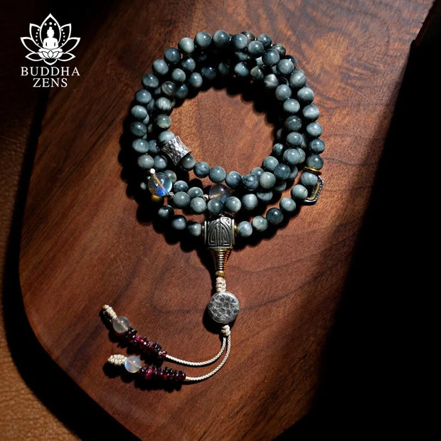 Buddhazens 925 Sterling Silver 108 Mala Beads Eagle's Eye Stone Moonstone Positive Bracelet