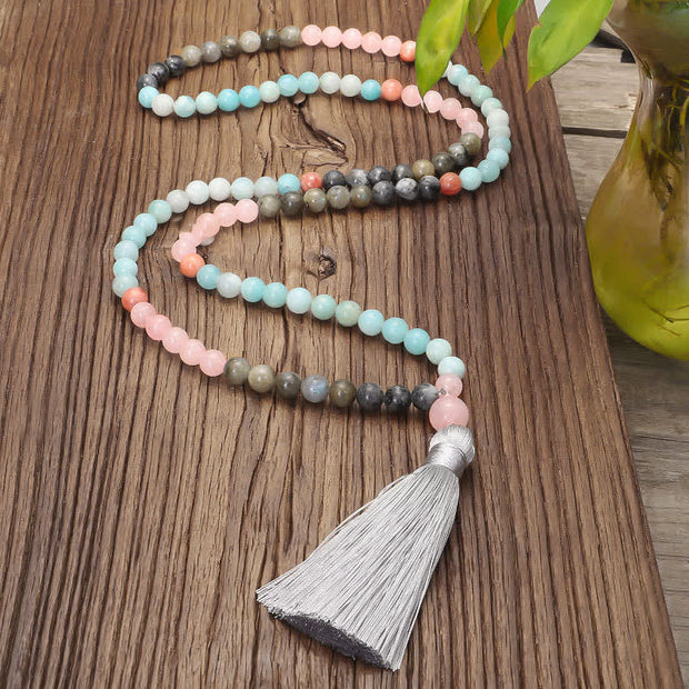 108 Mala Beads Amazonite Black Glitter Stone Positive Tassel Bracelet (Extra 30% Off | USE CODE: FS30) Mala Bracelet BS 17