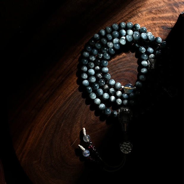 Buddhazens 925 Sterling Silver 108 Mala Beads Eagle's Eye Stone Moonstone Positive Bracelet Mala Bracelet BS 18