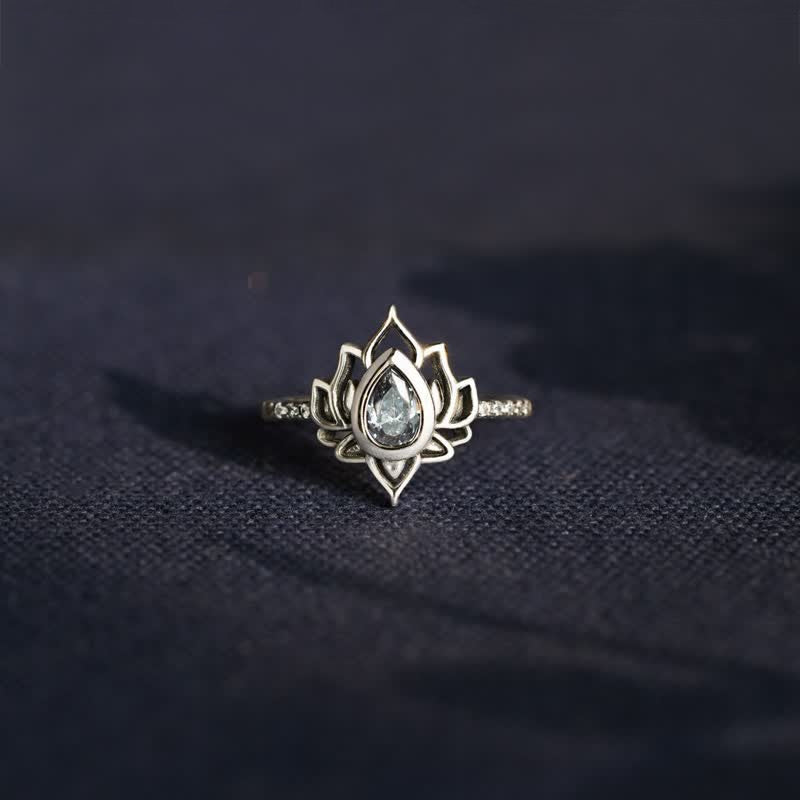 Buddha Stones 925 Sterling Silver Lotus Zircon Blessing Protection Ring