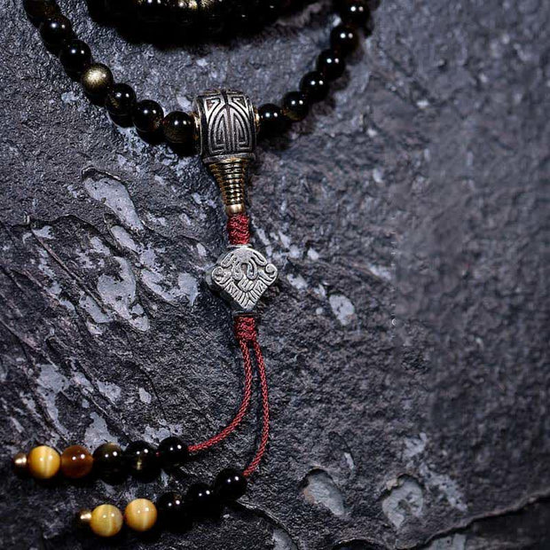 Buddhazens 108 Mala Beads Gold Sheen Obsidian Tiger Eye Eagle's Eye Stone Wealth Bracelet Mala Bracelet BS 3