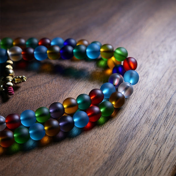 Buddhazens Tibetan 108 Mala Beads Multicolored Liuli Glass Bead Chinese Zodiac Nine Palaces Eight Diagrams Charm Bracelet Mala Bracelet BS 2